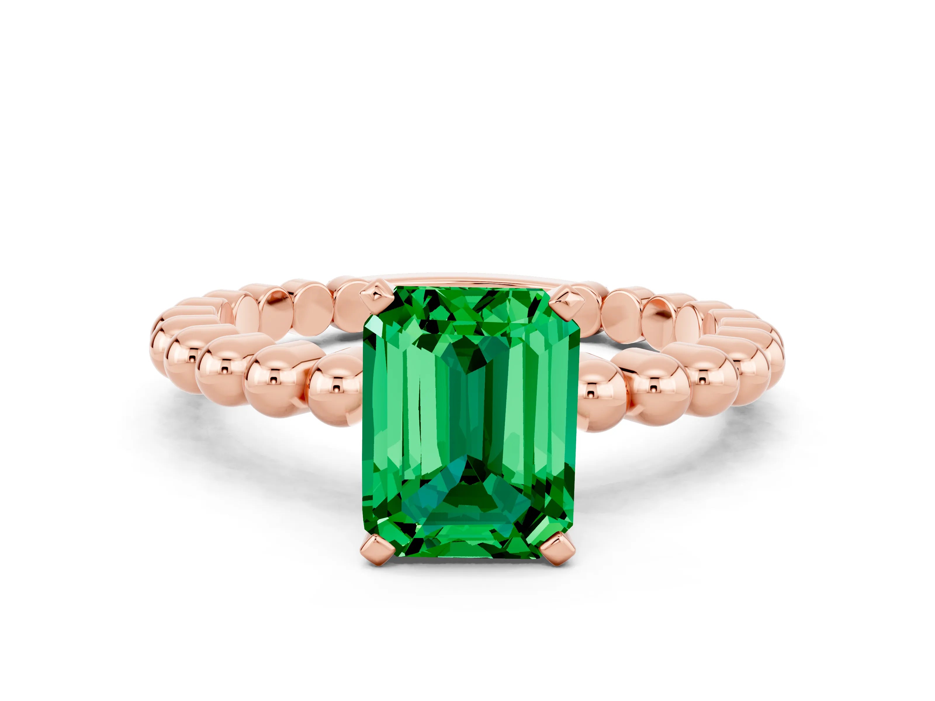 Rose gold Emerald Cut Emerald Solitaire Ring with Beaded Band and Prong Setting