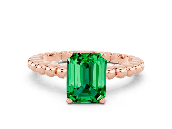 Rose gold Emerald Cut Emerald Solitaire Ring with Beaded Band and Prong Setting