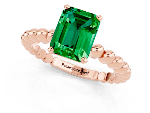 Rose gold Emerald Cut Emerald Solitaire Ring with Beaded Band and Prong Setting_1
