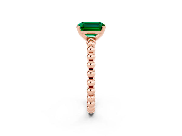Rose gold Emerald Cut Emerald Solitaire Ring with Beaded Band and Prong Setting