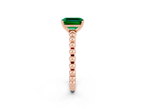 Rose gold Emerald Cut Emerald Solitaire Ring with Beaded Band and Prong Setting_2