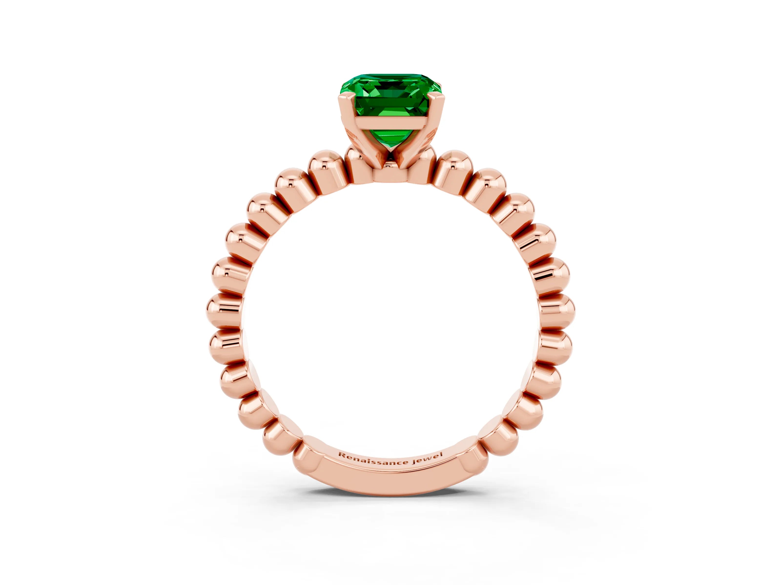 Rose gold Emerald Cut Emerald Solitaire Ring with Beaded Band and Prong Setting_3