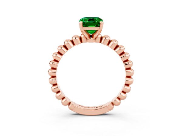 Rose gold Emerald Cut Emerald Solitaire Ring with Beaded Band and Prong Setting