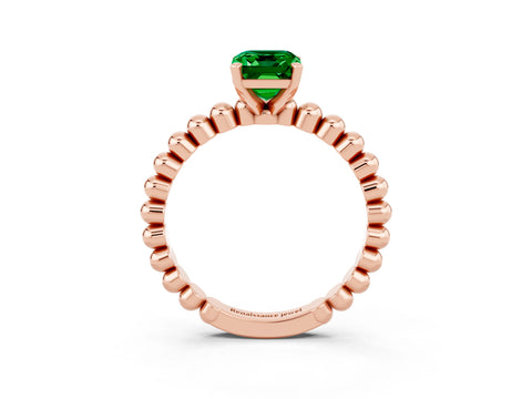 Rose gold Emerald Cut Emerald Solitaire Ring with Beaded Band and Prong Setting_3