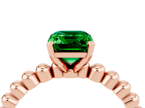 Rose gold Emerald Cut Emerald Solitaire Ring with Beaded Band and Prong Setting_4