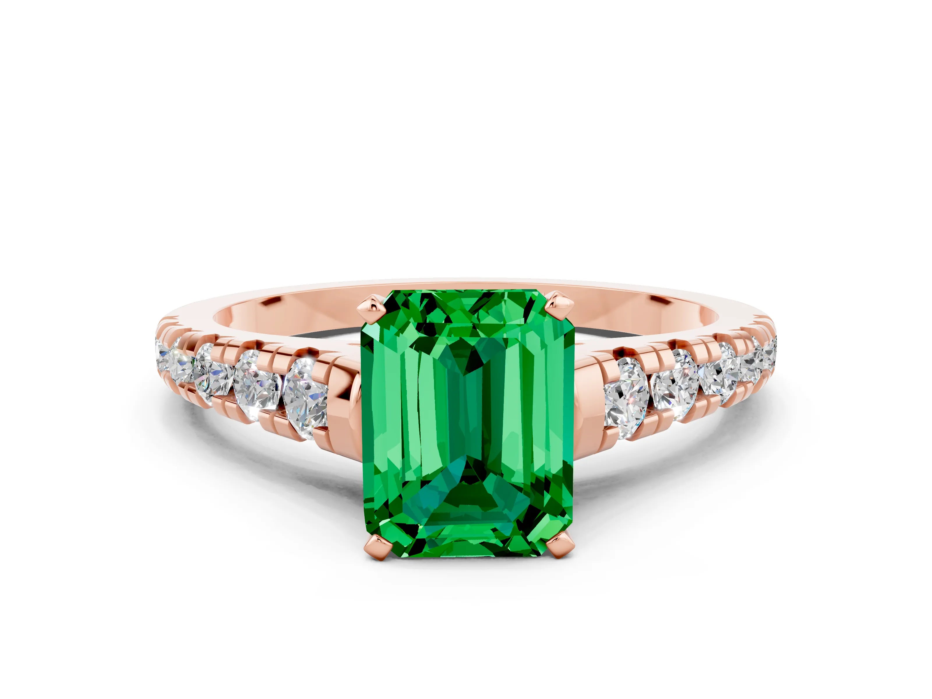 Rose gold Emerald Cut Emerald Solitaire Ring with Cathedral Setting and Pavé Band