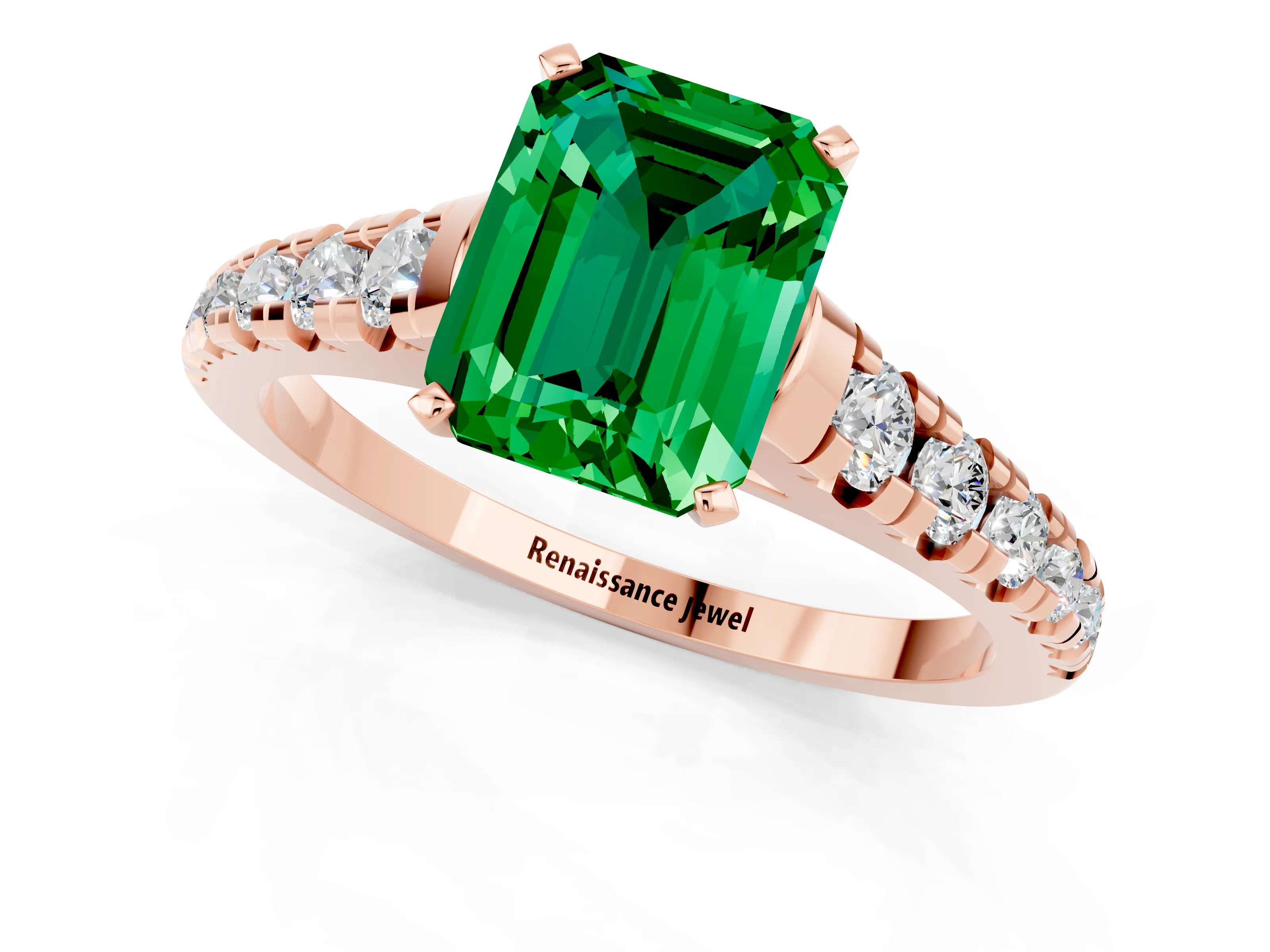 Rose gold Emerald Cut Emerald Solitaire Ring with Cathedral Setting and Pavé Band_1