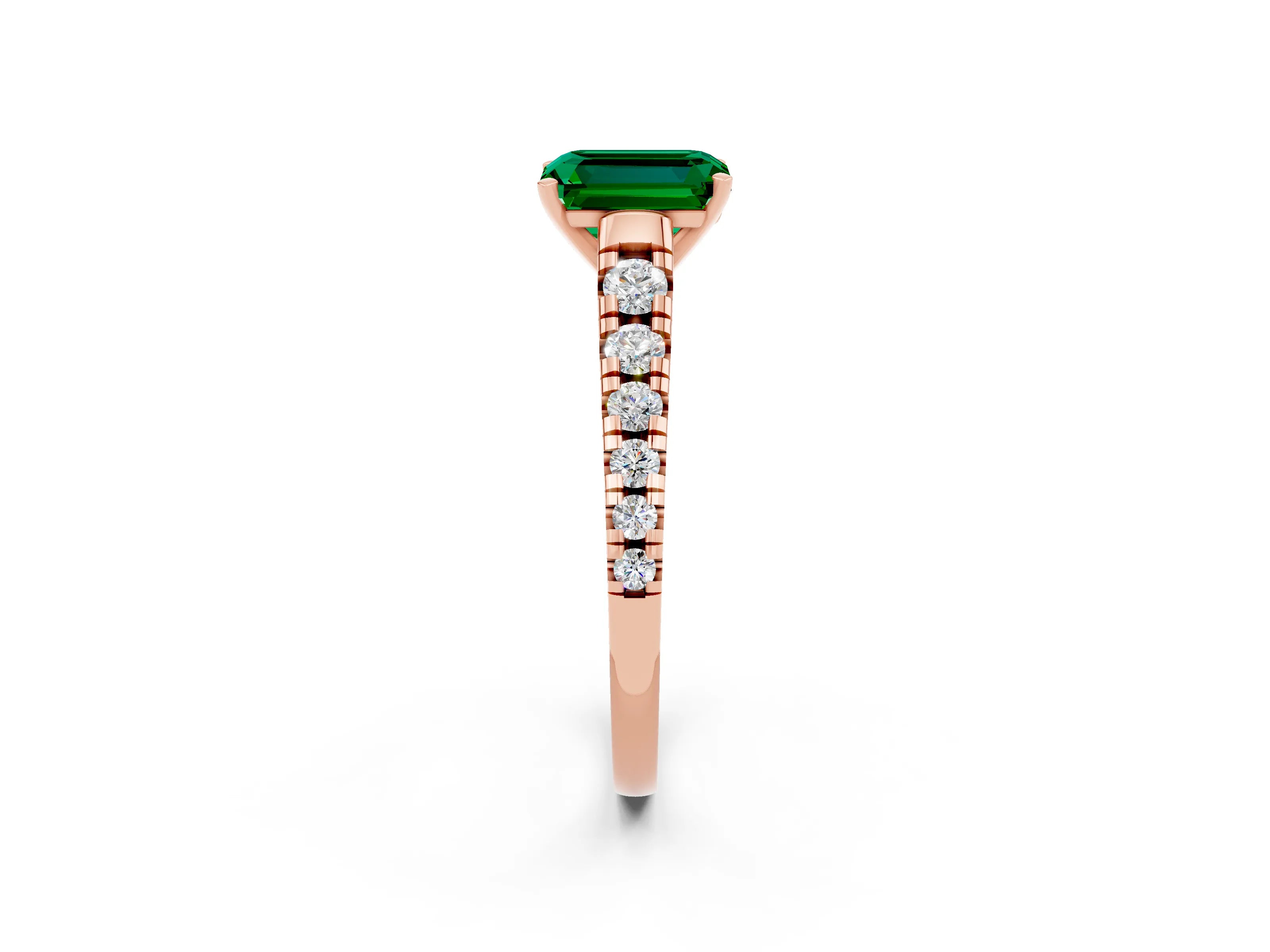 Rose gold Emerald Cut Emerald Solitaire Ring with Cathedral Setting and Pavé Band_2