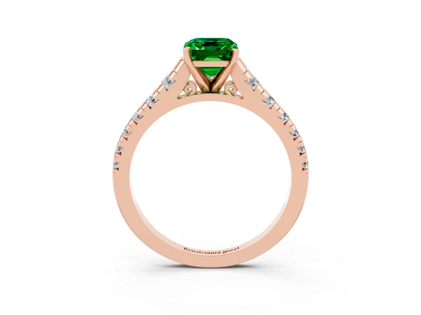 Rose gold Emerald Cut Emerald Cathedral Solitaire Ring with Round  Pavé Band