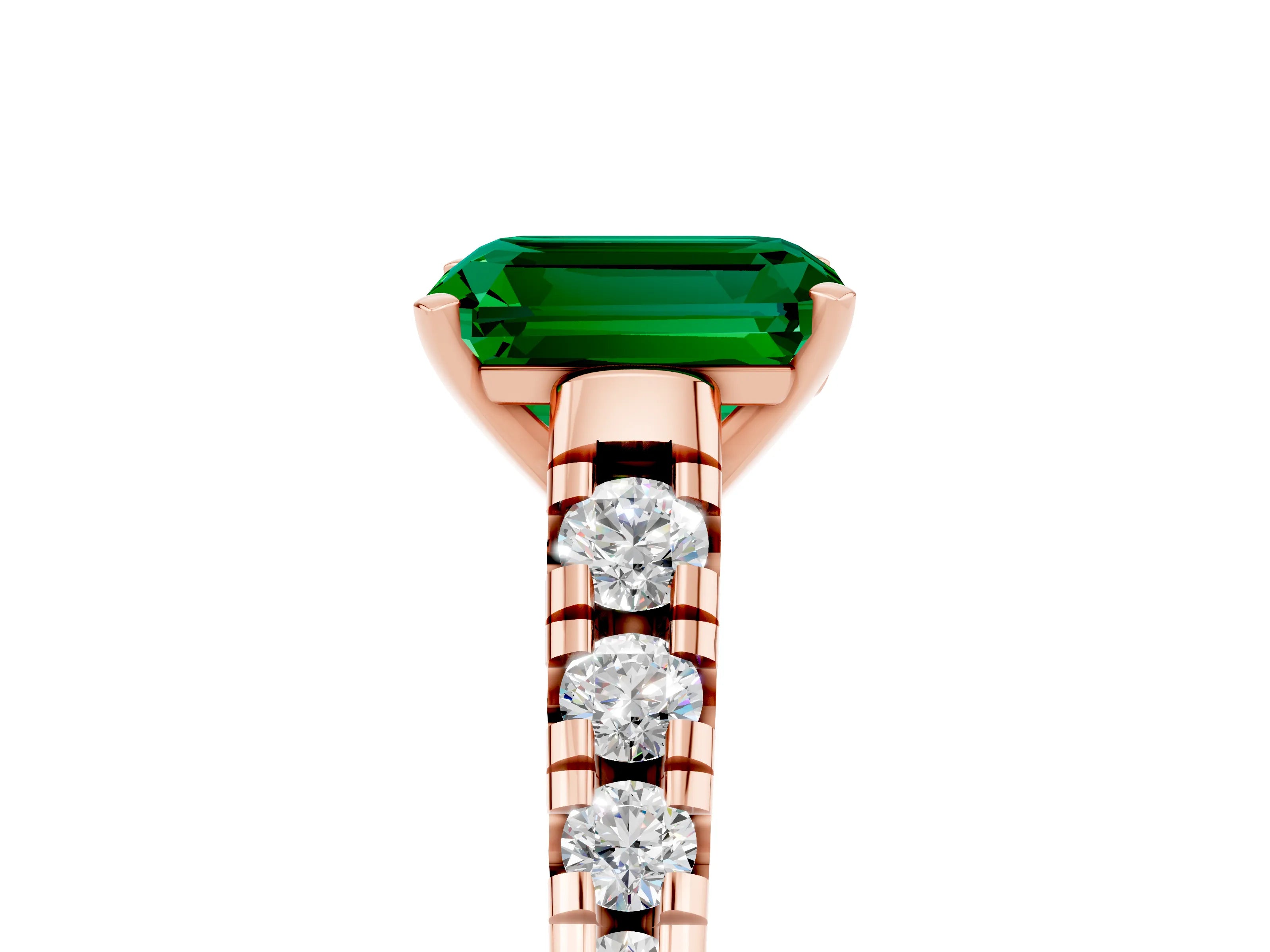 Rose gold Emerald Cut Emerald Solitaire Ring with Cathedral Setting and Pavé Band_5