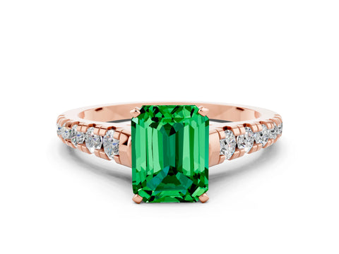 Rose gold Emerald Cut Emerald Solitaire Ring with Cathedral Setting and Pavé Band