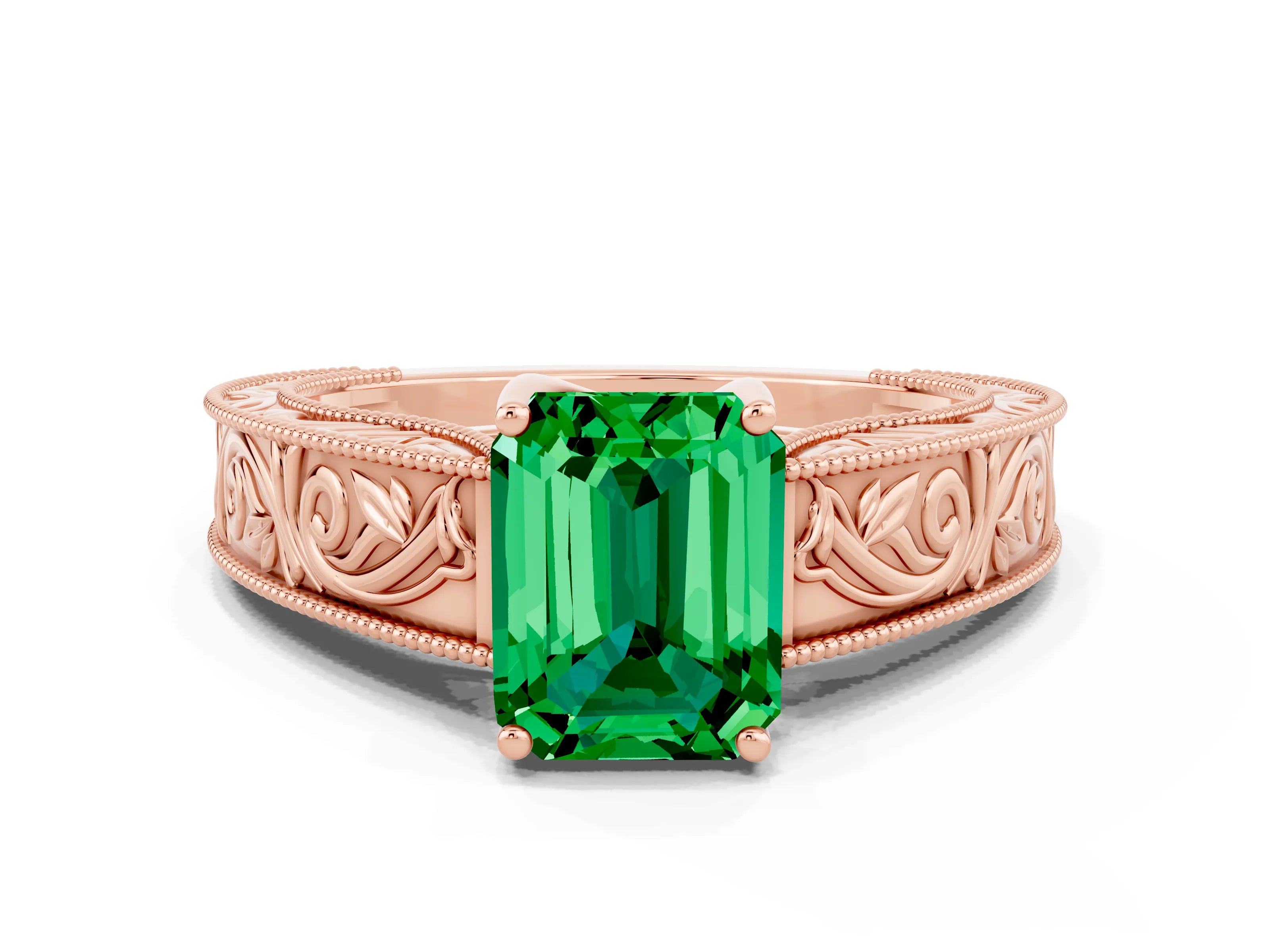 Rose gold Emerald Cut Emerald Solitaire Ring with Engraved Band and Four-Prong Setting