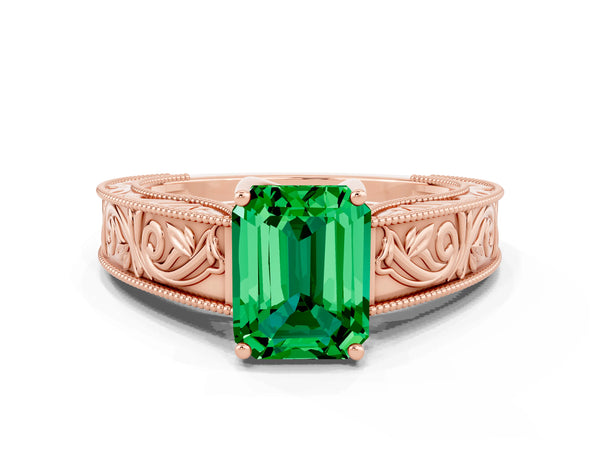Rose gold Emerald Cut Emerald Solitaire Ring with Engraved Band and Four-Prong Setting