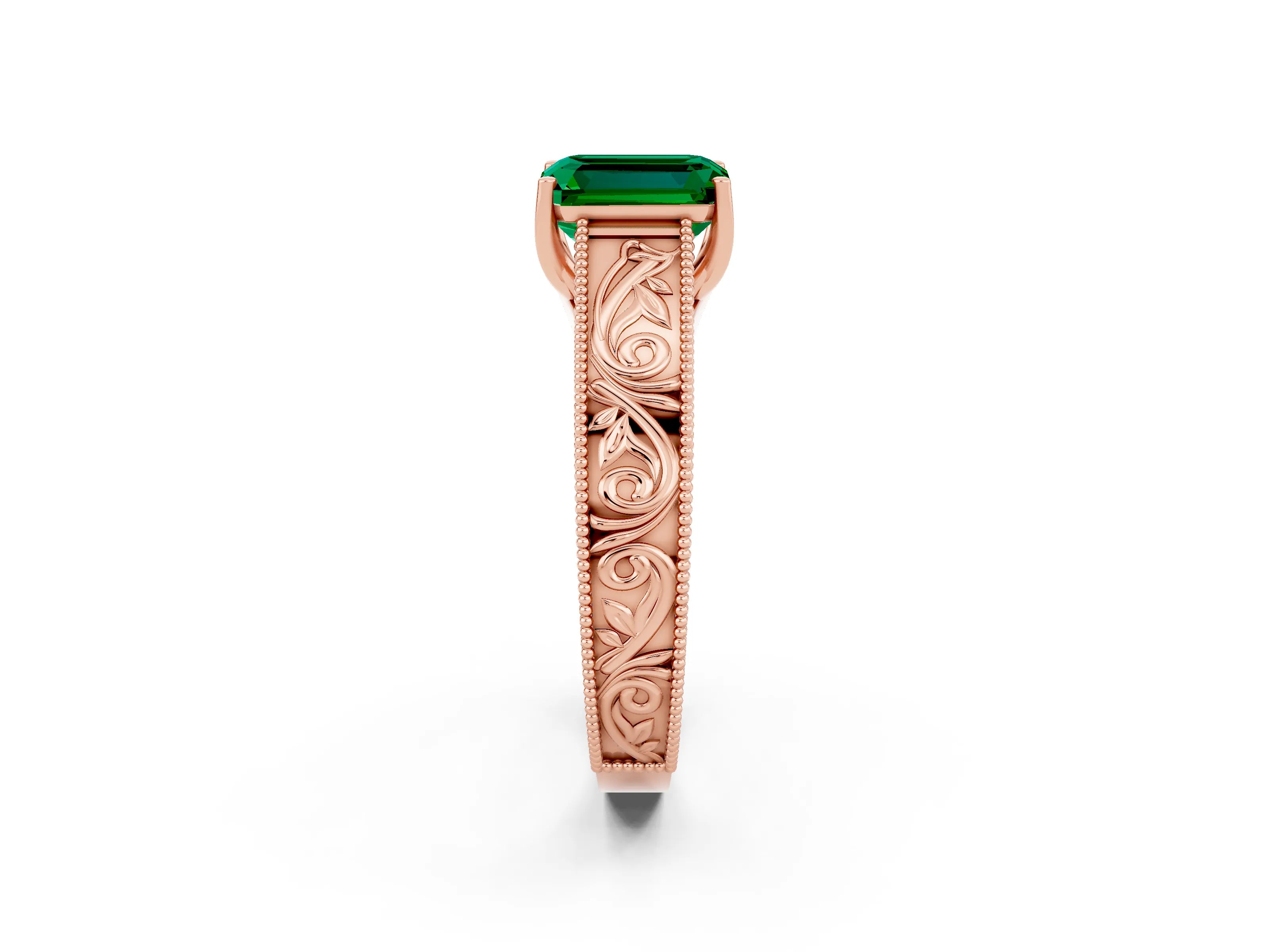 Rose gold Emerald Cut Emerald Solitaire Ring with Engraved Band and Four-Prong Setting_2