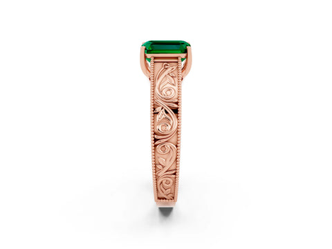 Rose gold Emerald Cut Emerald Solitaire Ring with Engraved Band and Four-Prong Setting_2