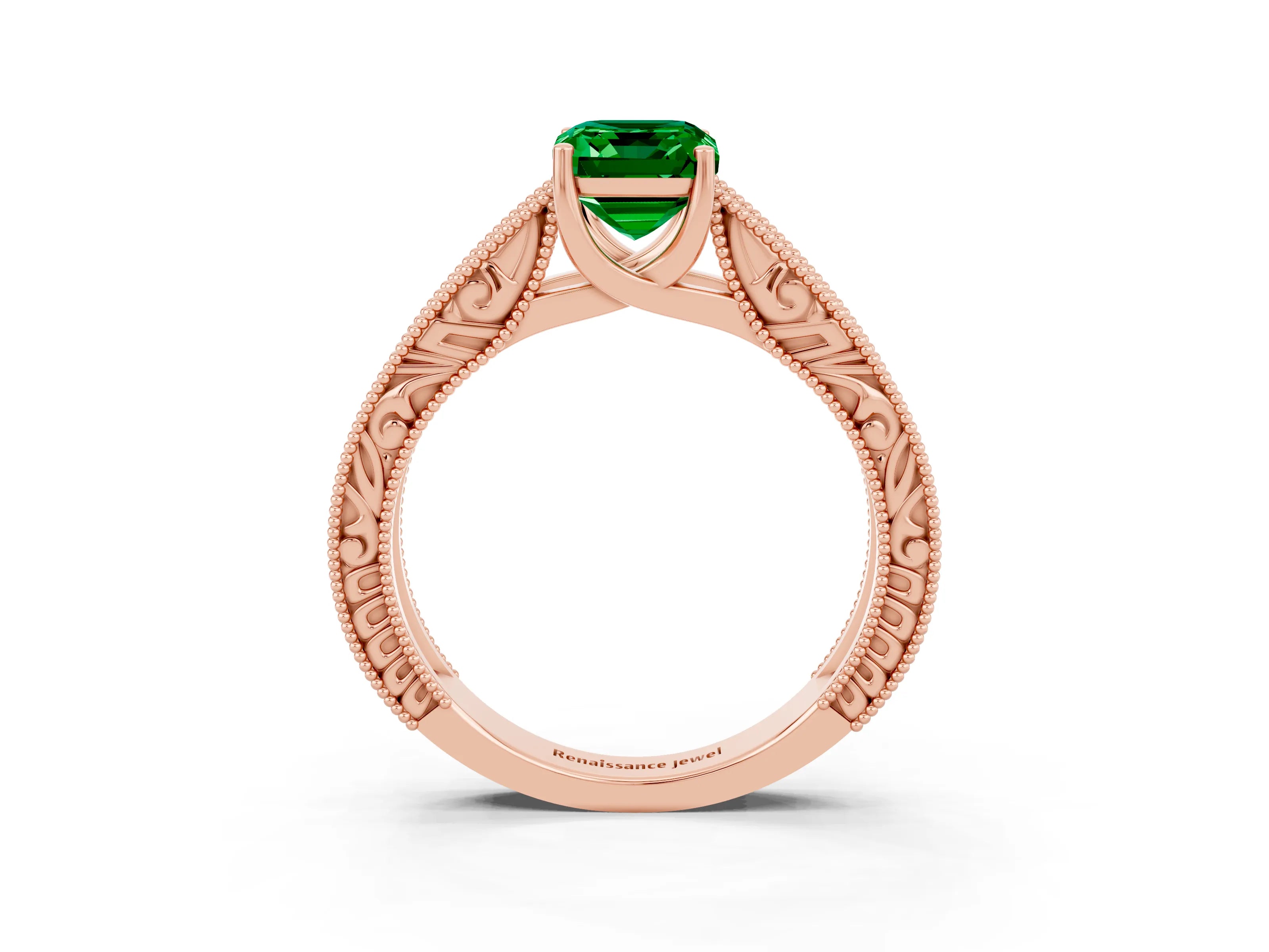 Rose gold Emerald Cut Emerald Solitaire Ring with Engraved Band and Four-Prong Setting_3