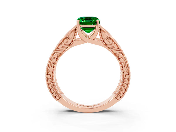 Rose gold Emerald Cut Emerald Solitaire Ring with Engraved Band and Four-Prong Setting
