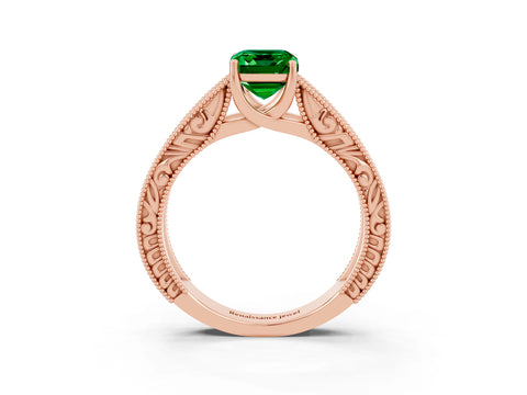Rose gold Emerald Cut Emerald Solitaire Ring with Engraved Band and Four-Prong Setting_3