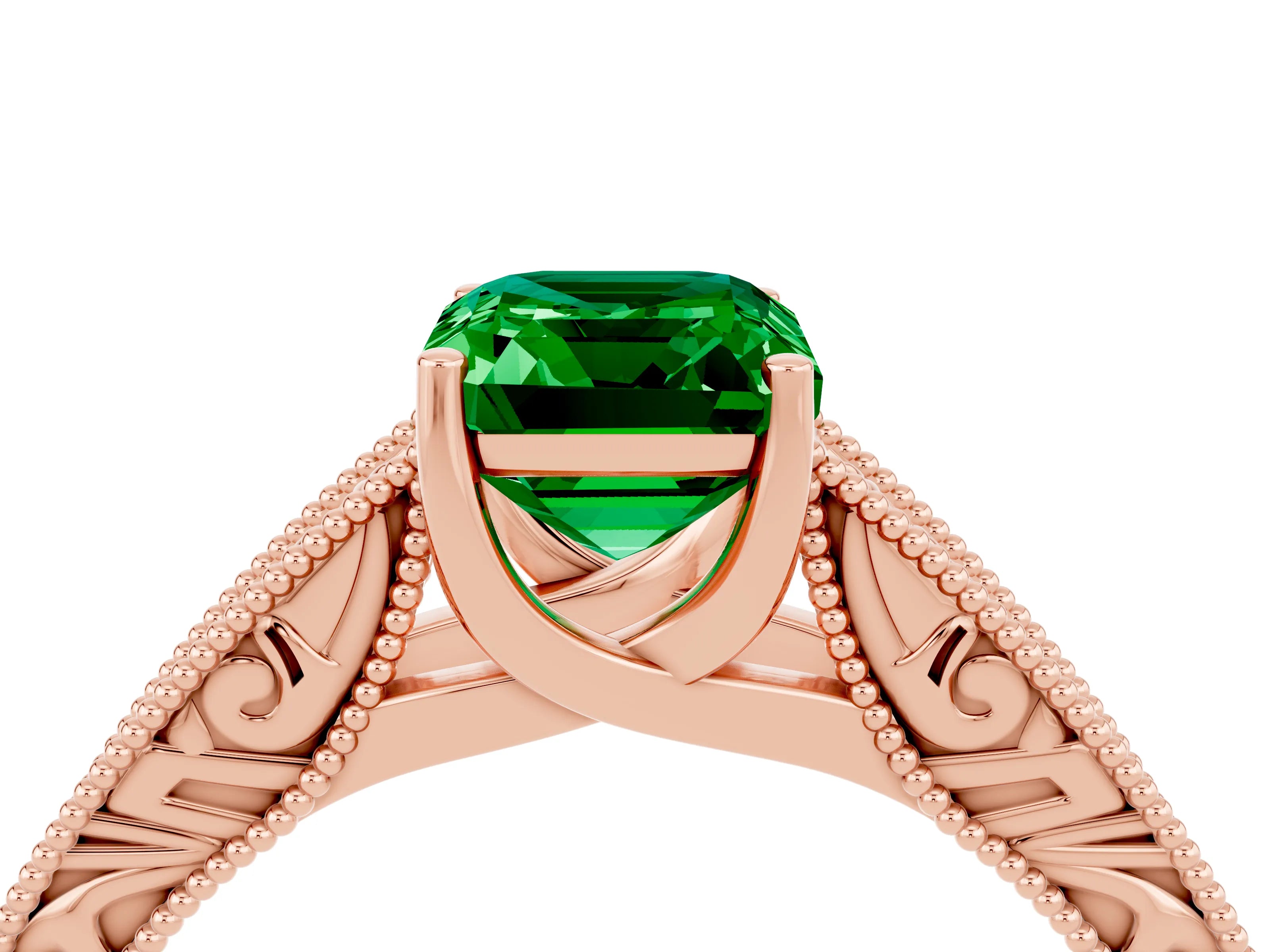 Rose gold Emerald Cut Emerald Solitaire Ring with Engraved Band and Four-Prong Setting_4