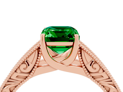 Rose gold Emerald Cut Emerald Solitaire Ring with Engraved Band and Four-Prong Setting_4
