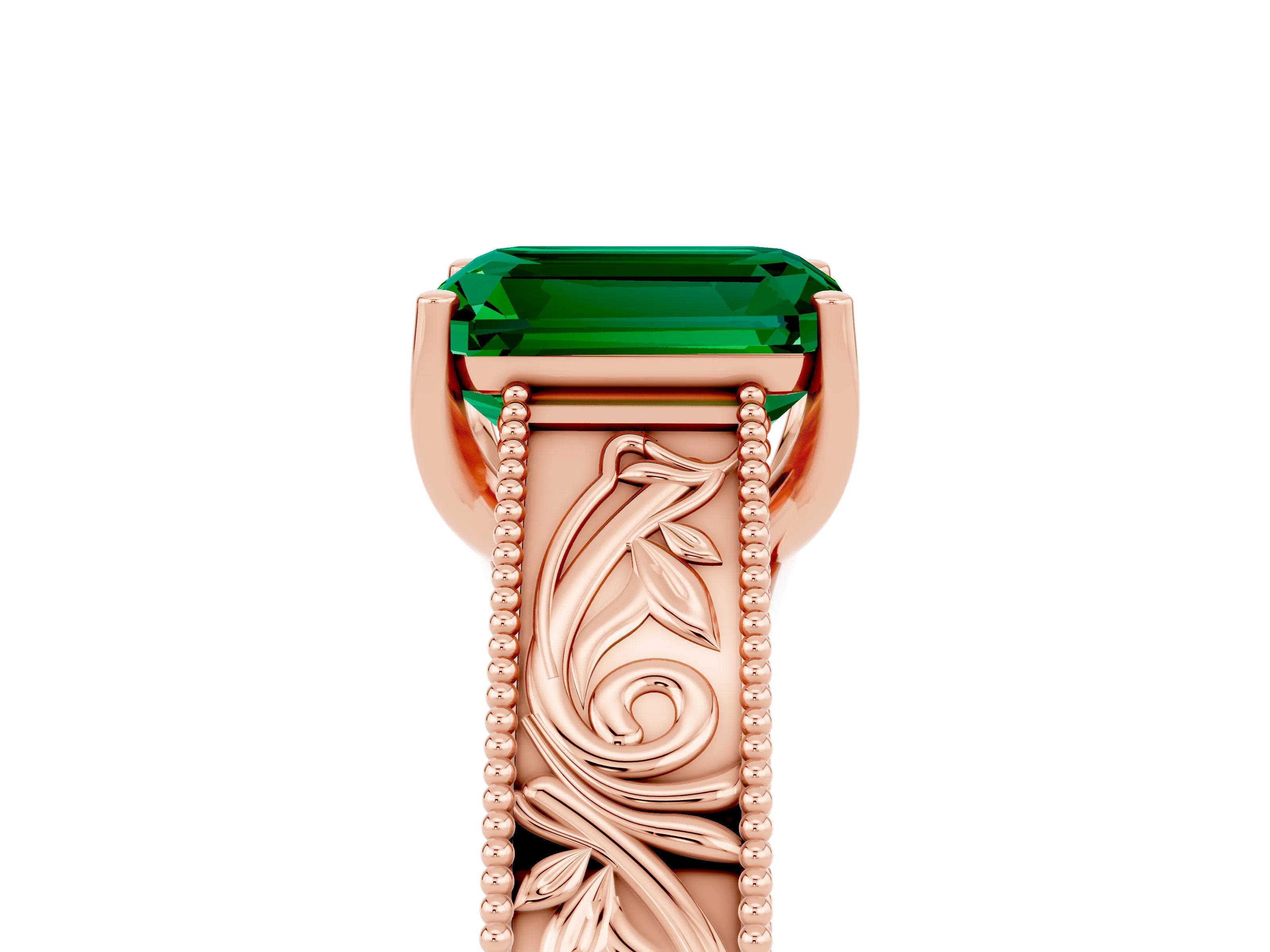 Rose gold Emerald Cut Emerald Solitaire Ring with Engraved Band and Four-Prong Setting_5