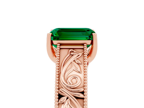 Rose gold Emerald Cut Emerald Solitaire Ring with Engraved Band and Four-Prong Setting_5