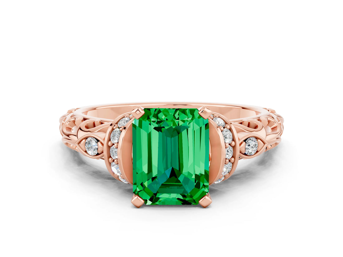 Rose gold Emerald Cut Emerald Solitaire Ring with Filigree Band and Four-Prong Setting_24