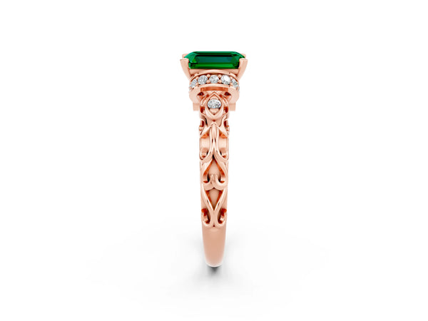Rose gold Emerald Cut Emerald Solitaire Ring with Filigree Band and Four-Prong Setting