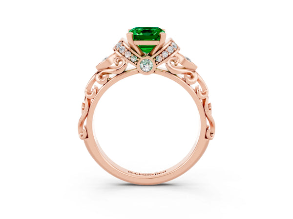 Rose gold Emerald Cut Emerald Solitaire Ring with Filigree Band and Four-Prong Setting