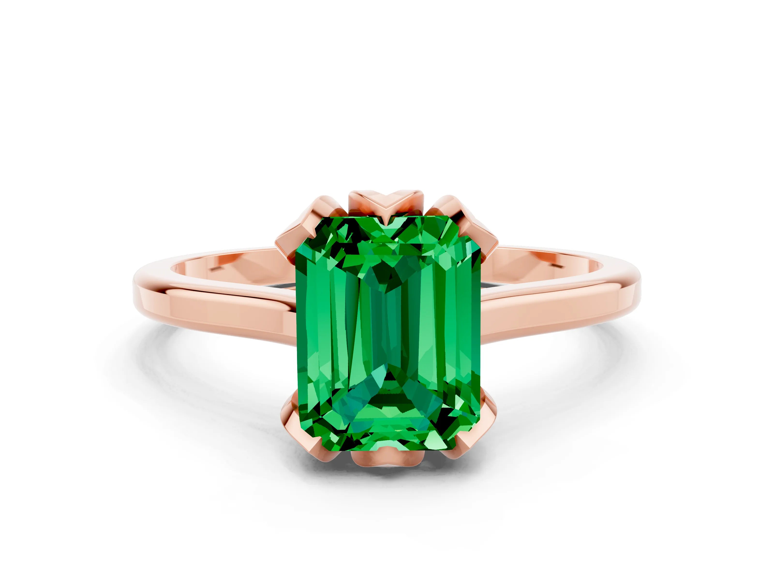 Rose gold Emerald Cut Emerald Solitaire Ring with Flower Prong Setting and Classic Band_12