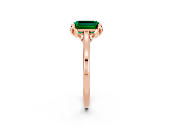 Rose gold Emerald Cut Emerald Solitaire Ring with Flower Prong Setting and Classic Band