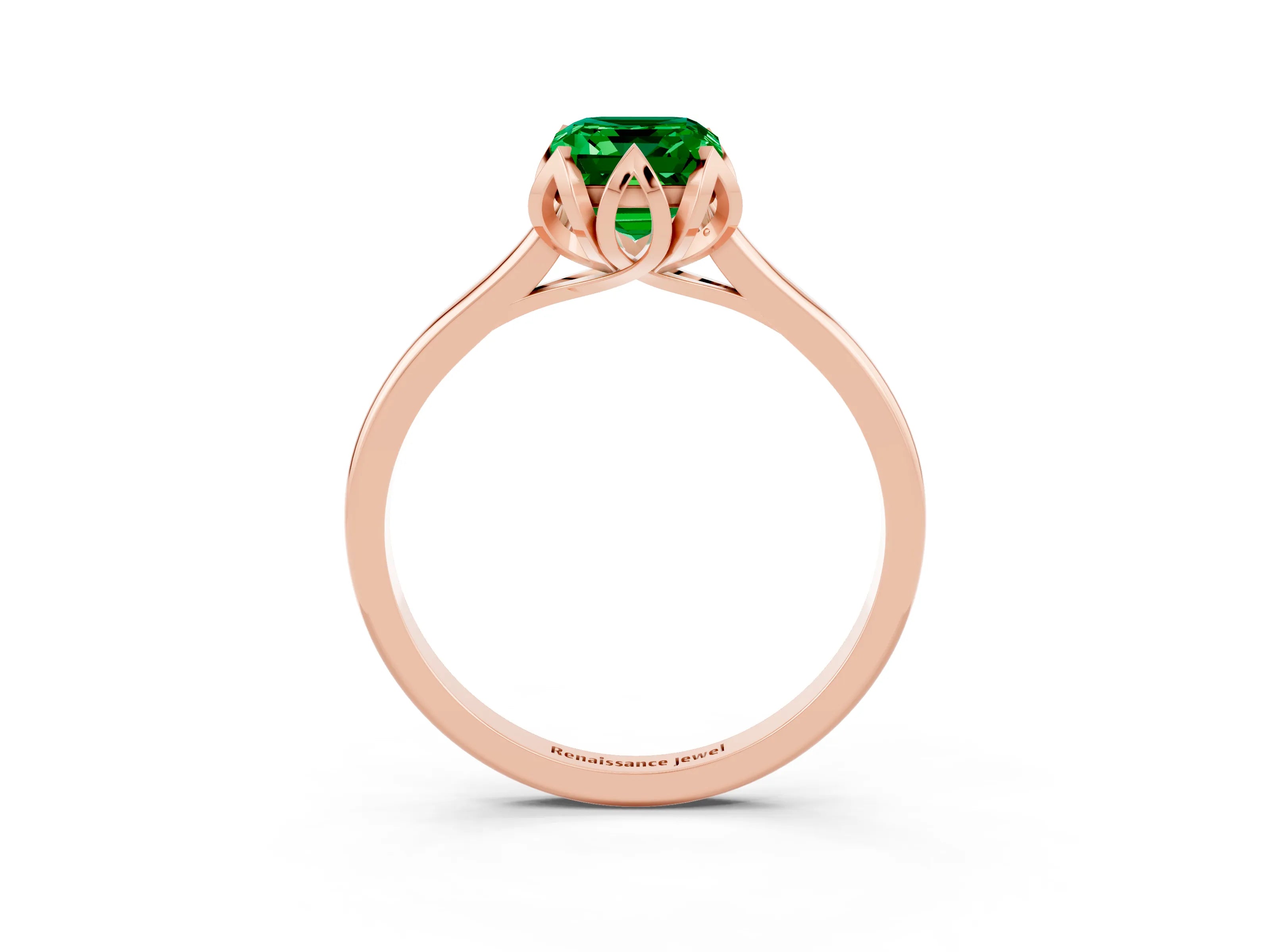 Rose gold Emerald Cut Emerald Solitaire Ring with Flower Prong Setting and Classic Band_15