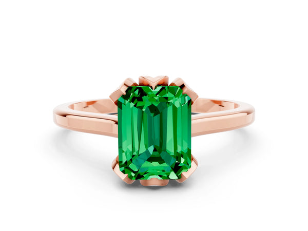Rose gold Emerald Cut Emerald Solitaire Ring with Flower Prong Setting and Classic Band