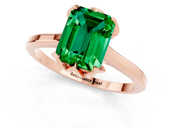 Rose gold Emerald Cut Emerald Solitaire Ring with Flower Prong Setting and Classic Band