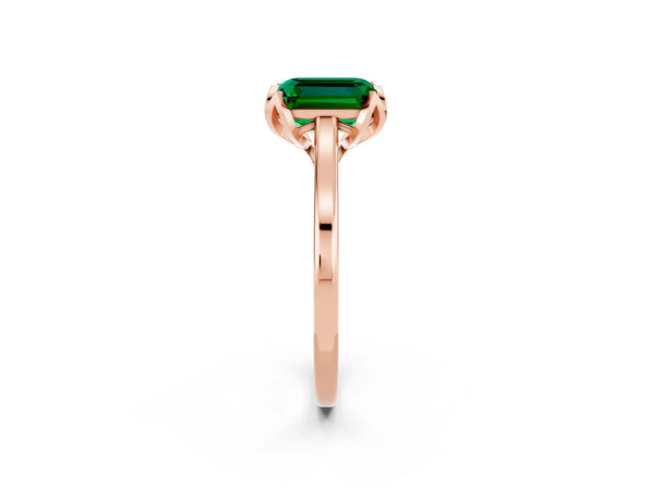 Rose gold Emerald Cut Emerald Solitaire Ring with Flower Prong Setting and Classic Band