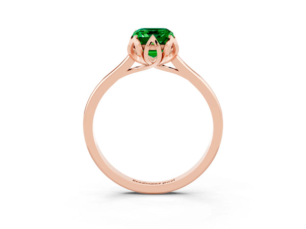 Rose gold Emerald Cut Emerald Solitaire Ring with Flower Prong Setting and Classic Band