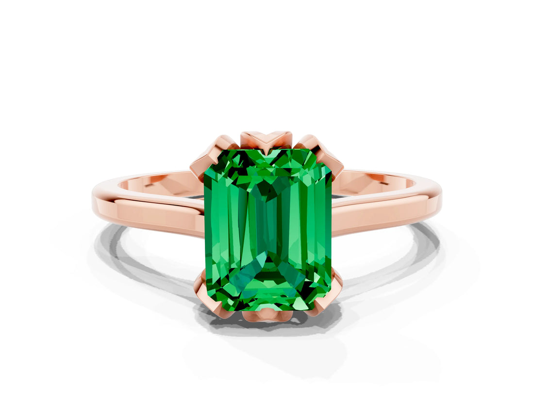 Rose gold Emerald Cut Emerald Solitaire Ring with Flower Prong Setting and Classic Band_36