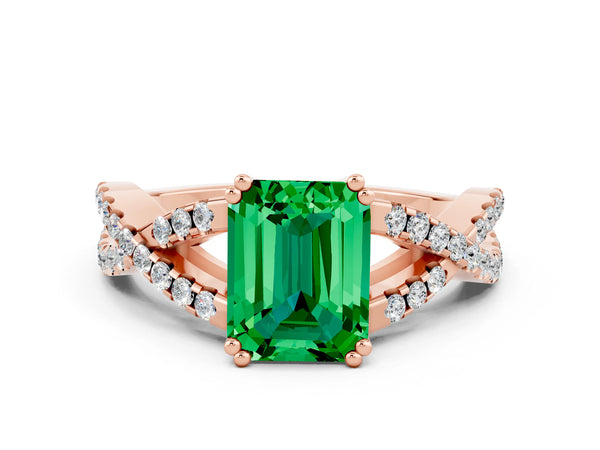 Rose gold Emerald Cut Emerald Solitaire Ring with Four-Prong Setting and Twisted Pavé Band
