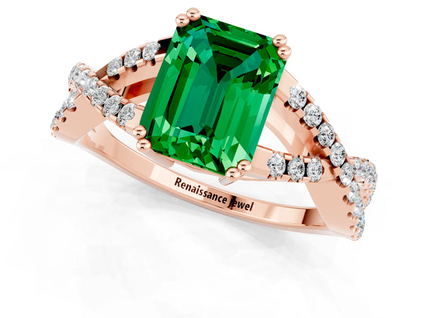 Rose gold Emerald Cut Emerald Solitaire Ring with Four-Prong Setting and Twisted Pavé Band