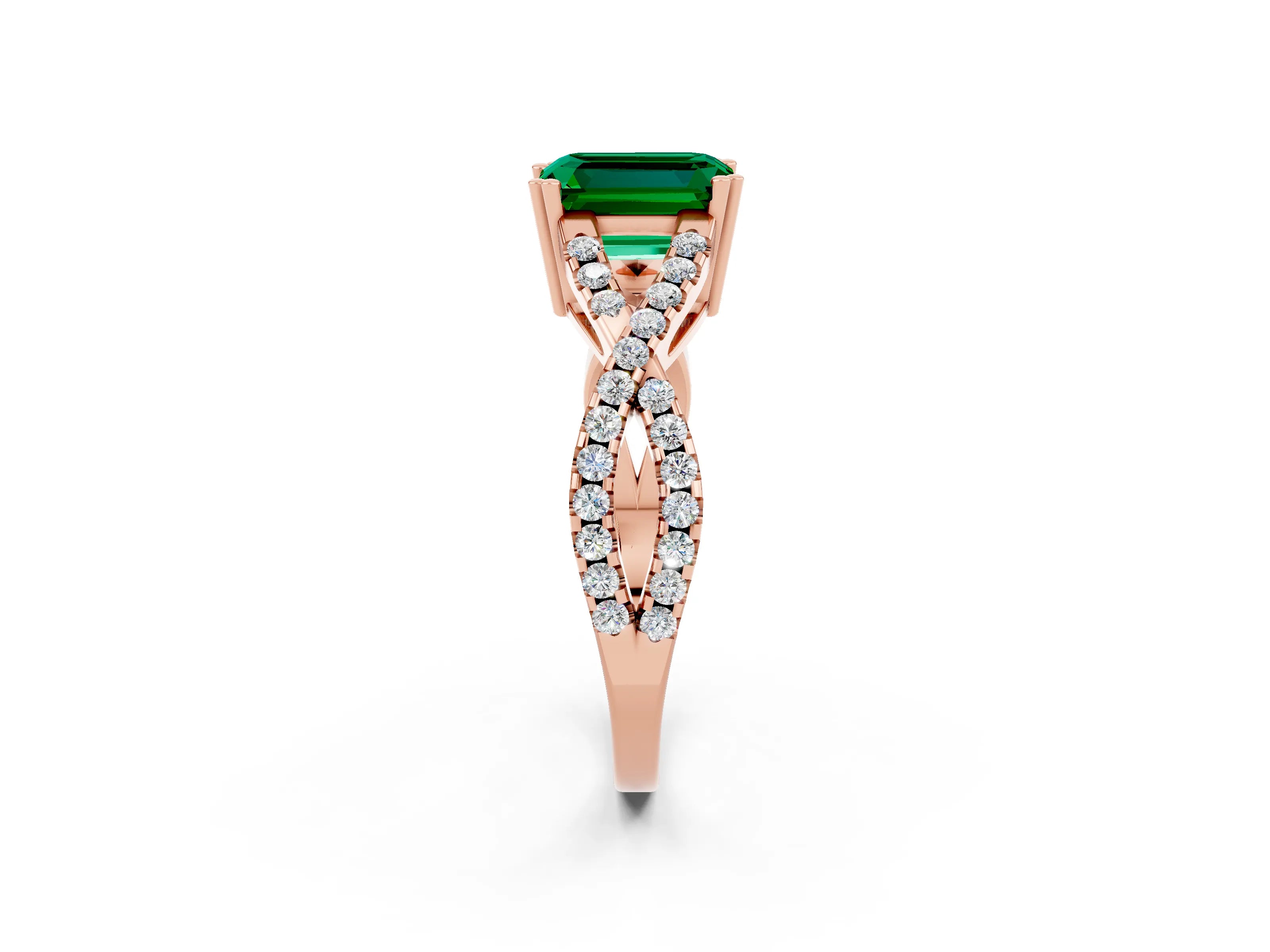 Rose gold Emerald Cut Emerald Solitaire Ring with Four-Prong Setting and Twisted Pavé Band_2
