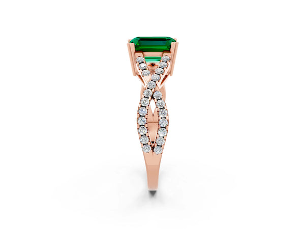 Rose gold Emerald Cut Emerald Solitaire Ring with Four-Prong Setting and Twisted Pavé Band