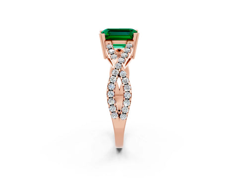 Rose gold Emerald Cut Emerald Solitaire Ring with Four-Prong Setting and Twisted Pavé Band_2