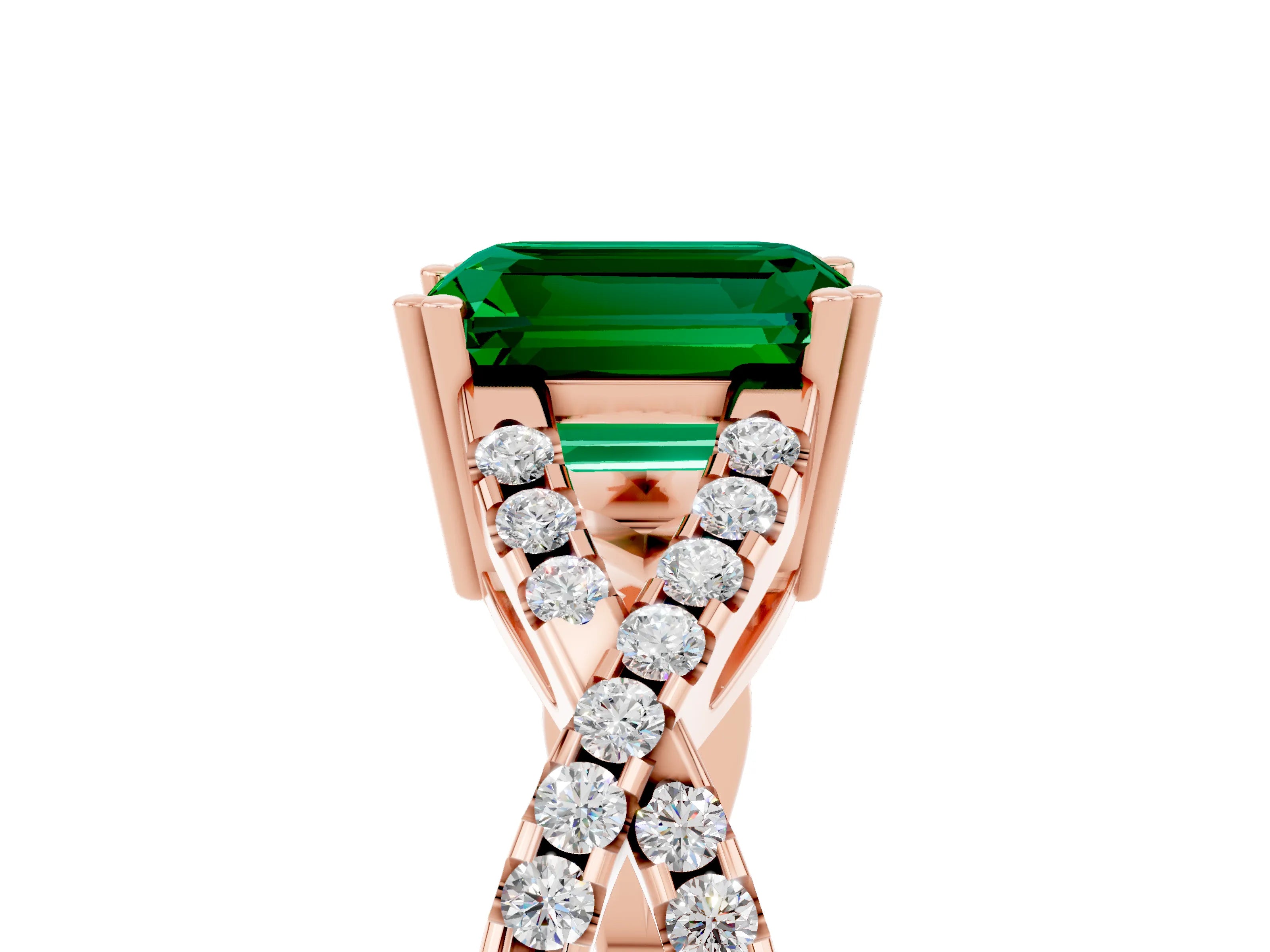 Rose gold Emerald Cut Emerald Solitaire Ring with Four-Prong Setting and Twisted Pavé Band_5