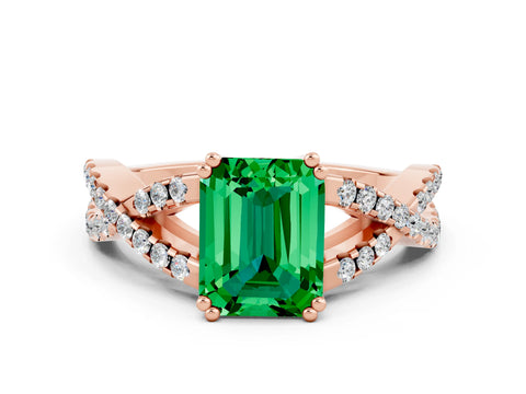 Rose gold Emerald Cut Emerald Solitaire Ring with Four-Prong Setting and Twisted Pavé Band