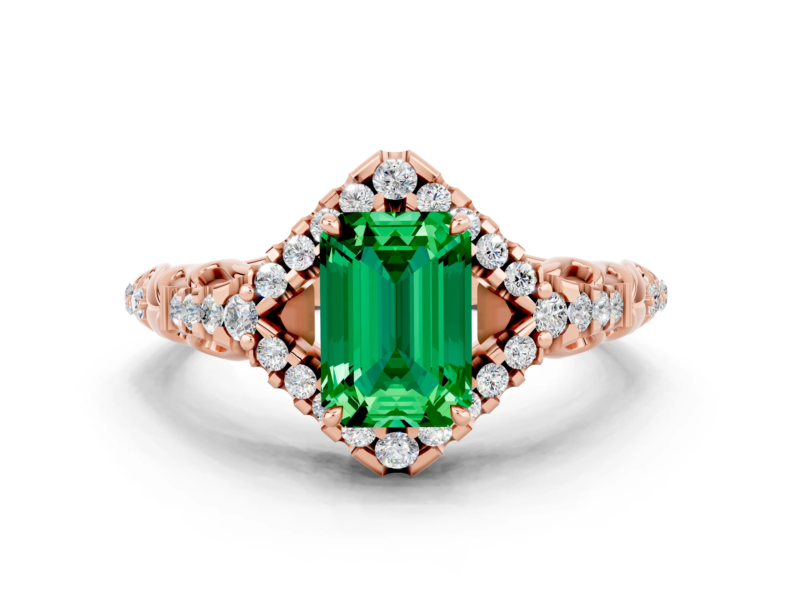 Rose gold Emerald Cut Emerald Solitaire Ring with Hidden Halo and Pavé Band_12