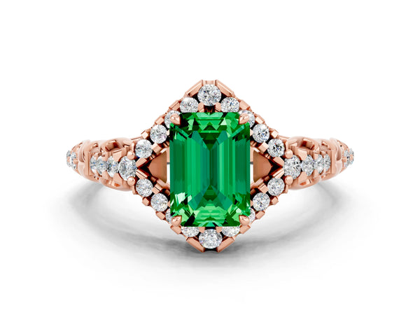 Rose gold Emerald Cut Emerald Solitaire Ring with Hidden Halo and Pavé Band