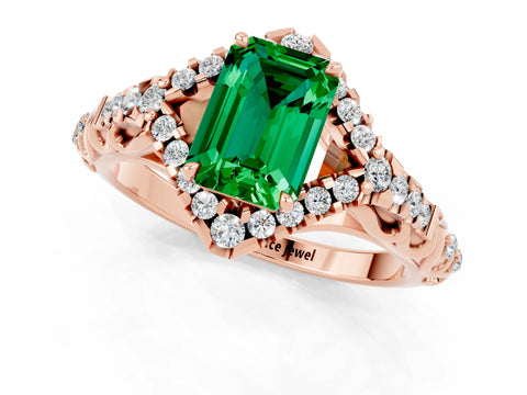 Rose gold Emerald Cut Emerald Solitaire Ring with Hidden Halo and Pavé Band_13