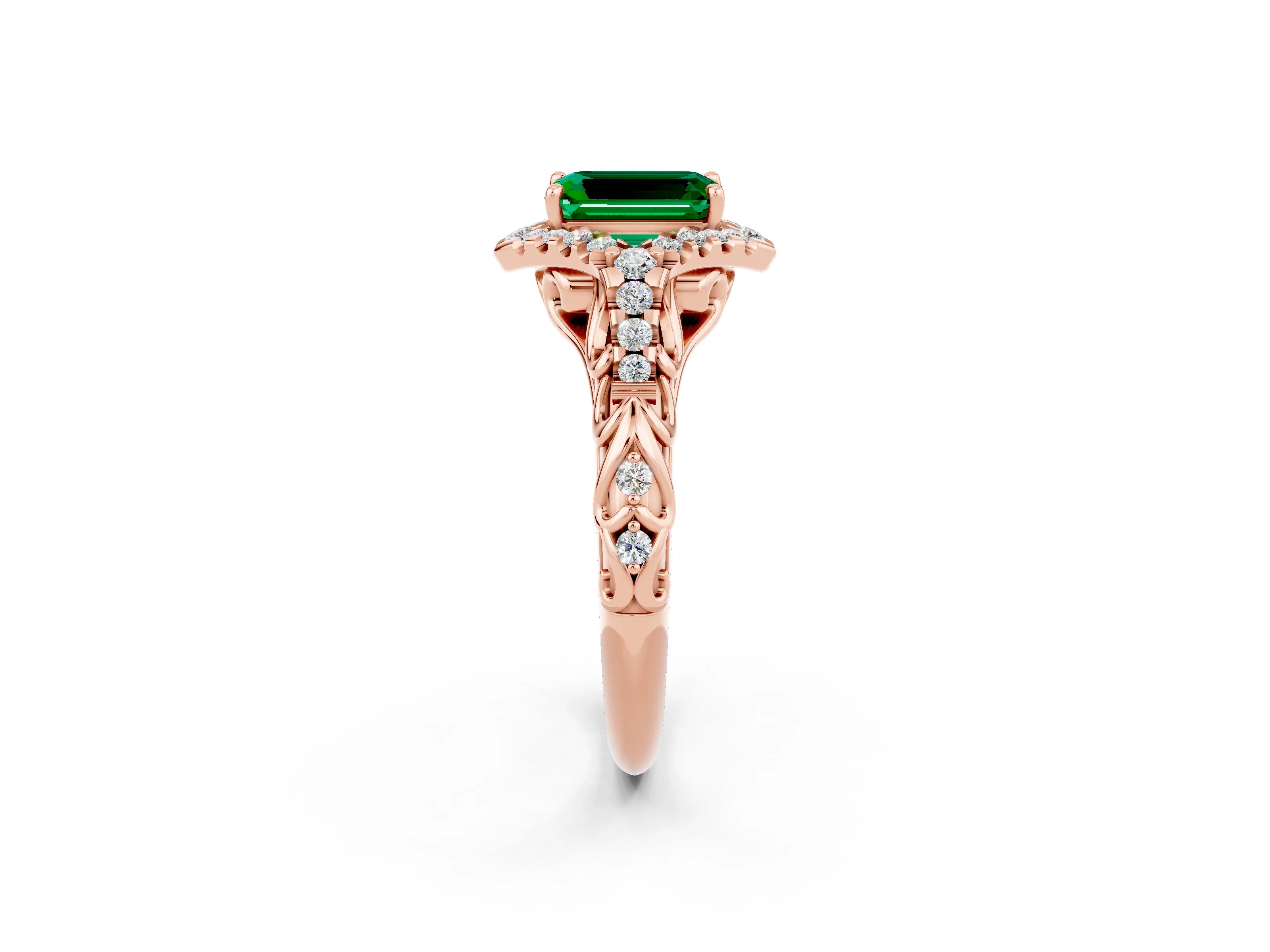 Rose gold Emerald Cut Emerald Solitaire Ring with Hidden Halo and Pavé Band_14