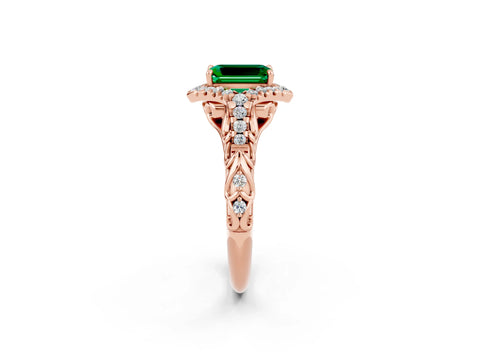 Rose gold Emerald Cut Emerald Solitaire Ring with Hidden Halo and Pavé Band_14