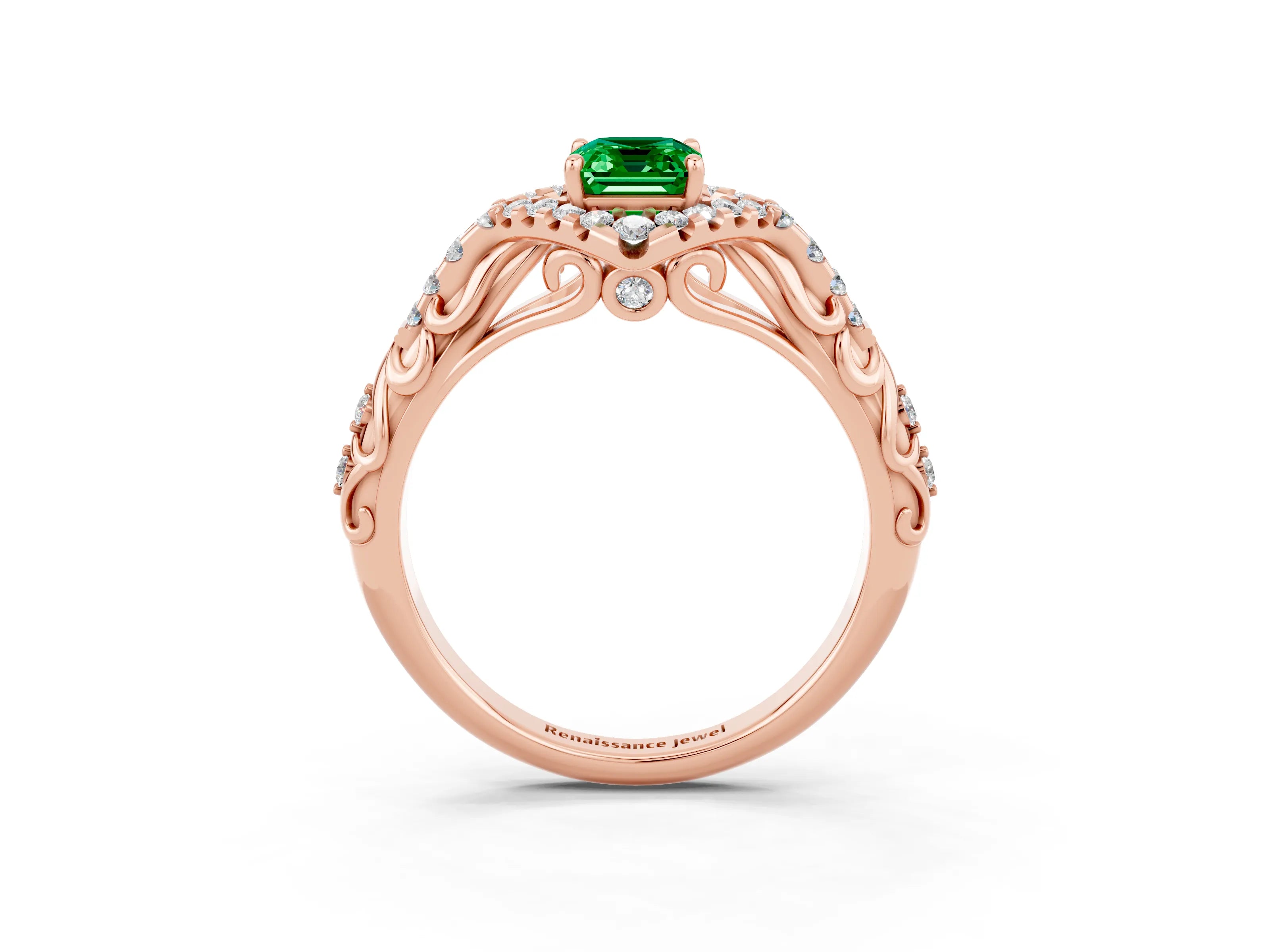 Rose gold Emerald Cut Emerald Solitaire Ring with Hidden Halo and Pavé Band_15